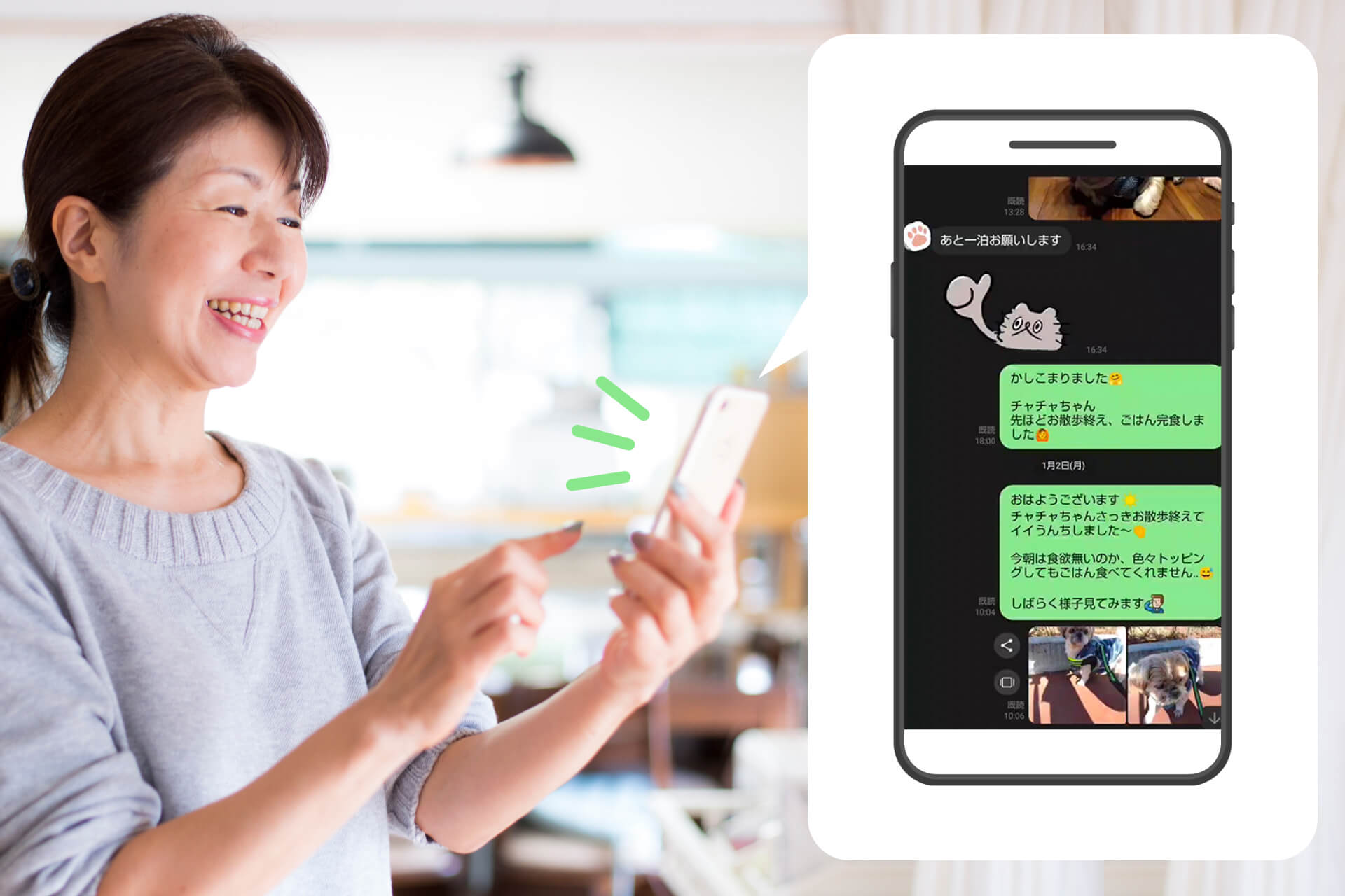 様子のご報告 スマホで飼い主が確認している